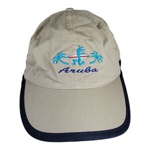 Vintage Aruba Surfboard Tan Hat Cap Strap Back One Happy Island Palm Tree Logo